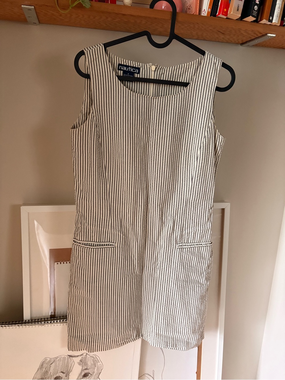 Nautica Sleeveless Mini Shift Dress in White and Navy Stripe